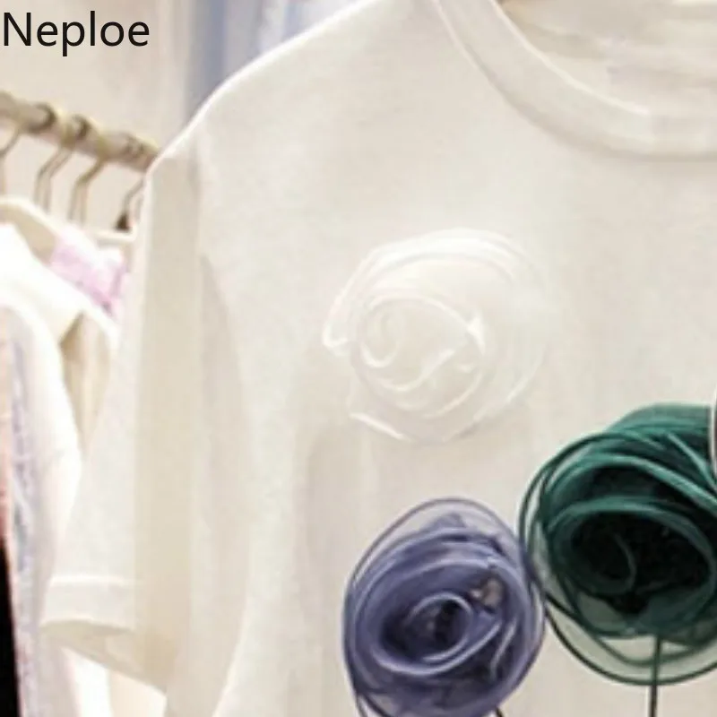 Neploe трехмерные цветочные женские футболки 2019 новые с круглым вырезом и коротким