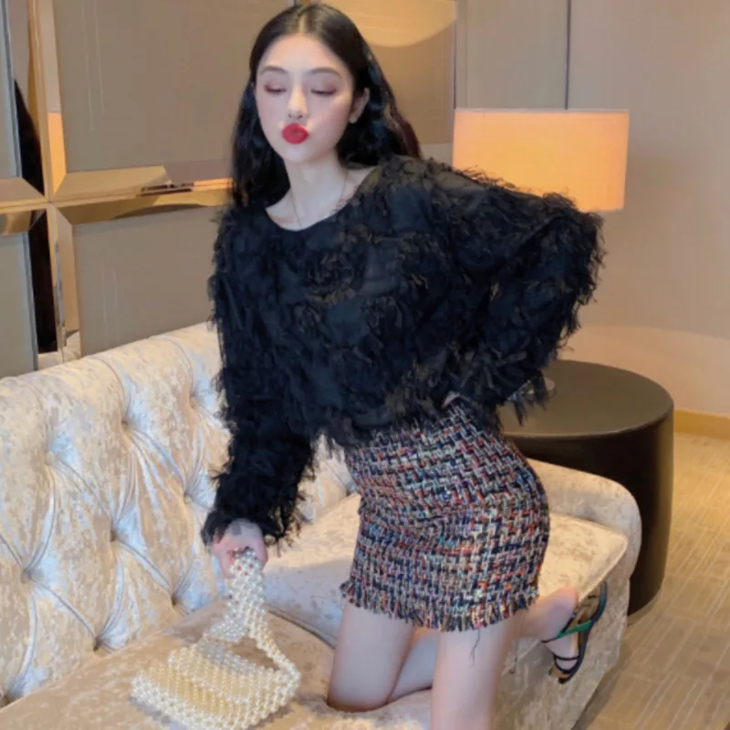 [EWQ] Милая сетчатая кружевная рубашка с круглым вырезом и длинными рукавами