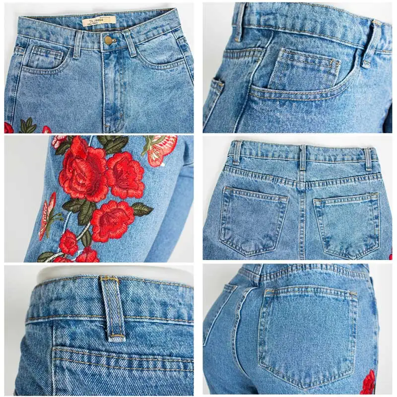 Хлопковые неэластичные джинсы с вышивкой для мам высокой талией вышитыми розами