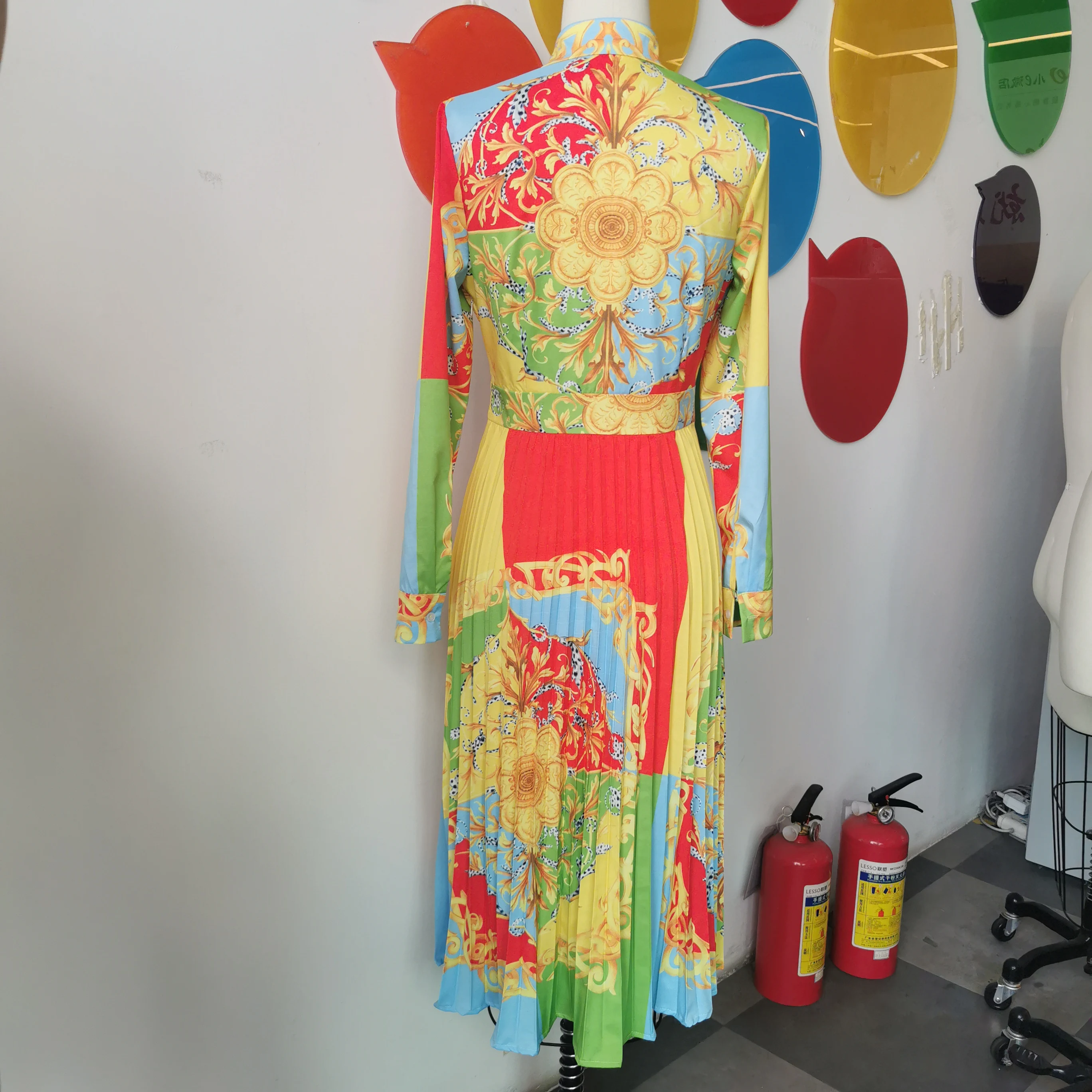 vintage women printed high waist dress spring 2021 Party Dinner pleated midi robe femme vestiods office lady retro african New |