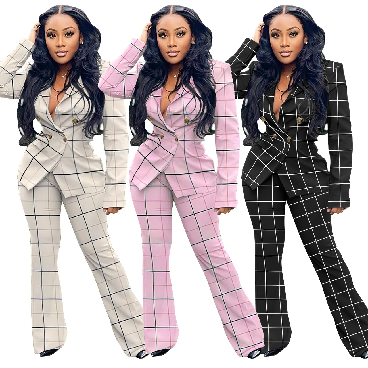 

Women Two Piece Suits Office Lady Autumn Winter Blazer Suits Elegant Plaid Jacket Casual Wide Leg Pants Matching Set Streetwear