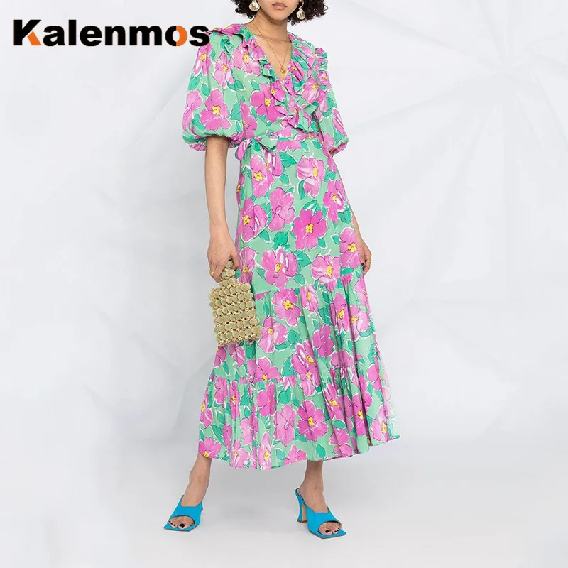 

Женское платье с цветочным принтом в стиле ретро, с v-образным вырезом, с оборками, с рукавами-фонариками, с коротким рукавом, для праздника, в...