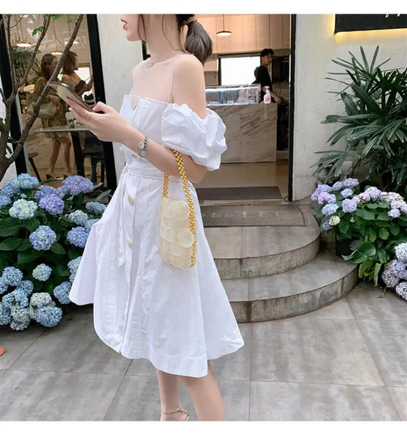 

Mothybot New Style Ladies Elegant Wind Mesh Splicing Super Fairy Dress Female Korean Version Waist Thin White Dress