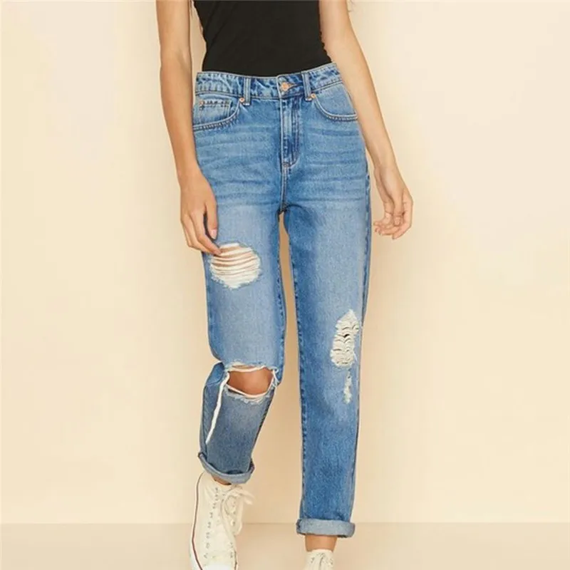 High Waist Jeans Fashion Streetwear Womens Solid Color Hole Pocket Button Zipper Denim Slim Fit Skinny Nine Pants E15 | Женская одежда