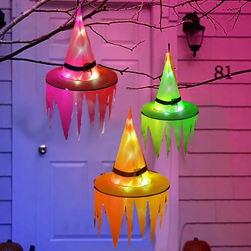 

Halloween Glowing Witch Hat LED Lights Cosplay Hanging Lights Hat Decoration, for Indoor and Outdoor Gardens, 6 Colors