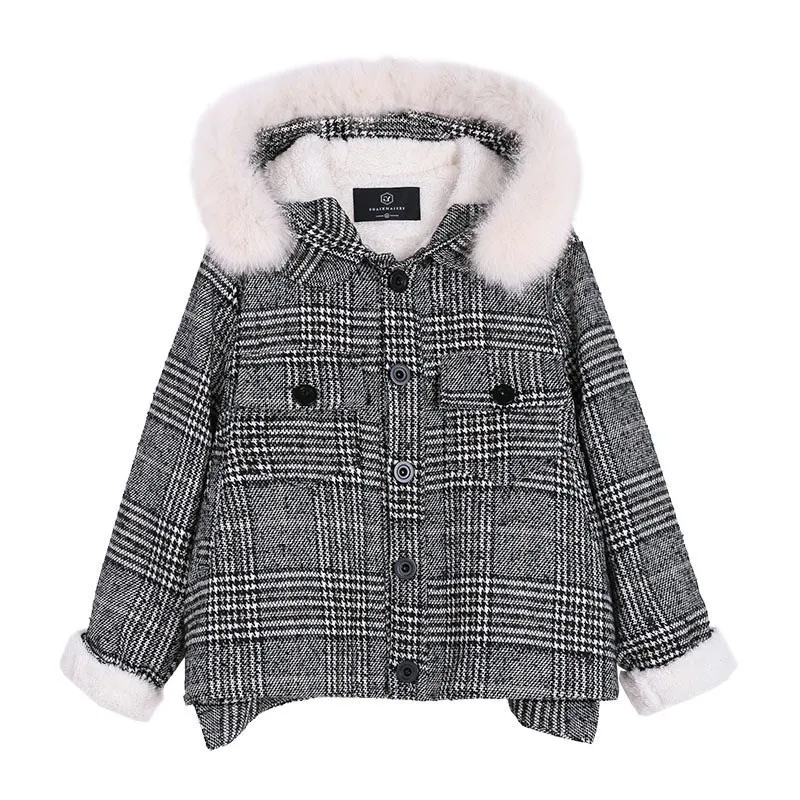 

Houndstooth Fur Collar Polyester Coat Hooded Autumn Winter Coat Women Korean Style Abrigo Mujer Invierno Women Clothing EH50CO