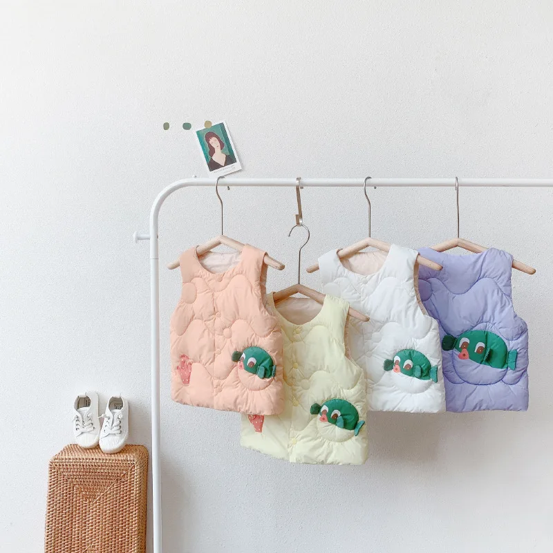 

OHMETOY 2021 New Children's Cartoon Down Cotton Vest Autumn and Winter Baby Clothes Baby Warm Vest Boys and Girls O-Neck Vest