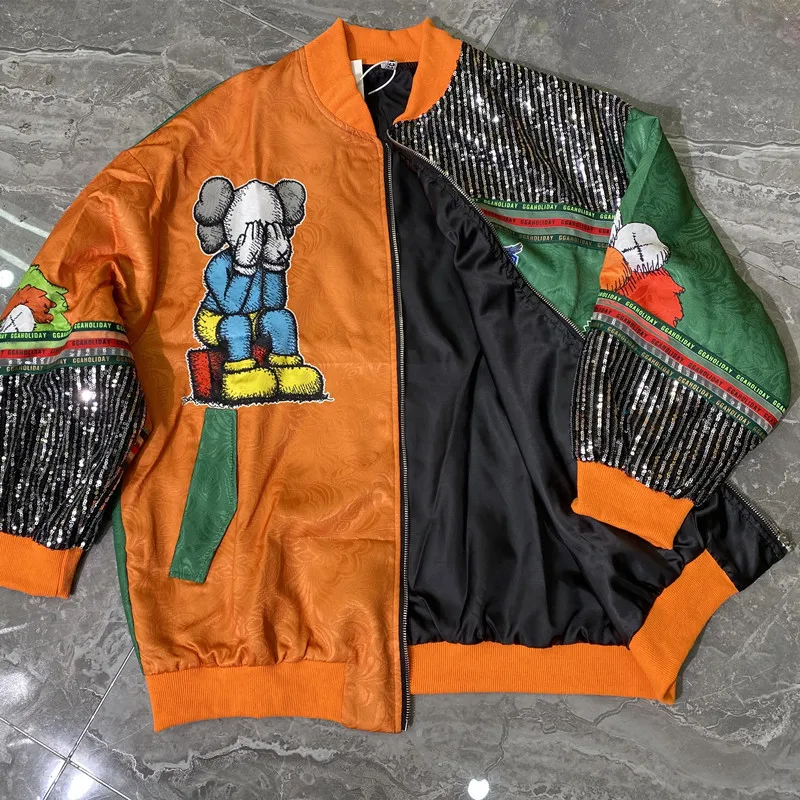 

New Unisex Fashion America Designer Autumn Winter Jackets Women Men Sequins Patchwork Loose Bomber Jacket Baseball Uniform Coat