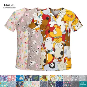 Женская одежда для спа-салона с принтом собаки из мультфильма, милая одежда для лаборатории, одежда с коротким рукавом и V-образным вырезом, летние скрабы