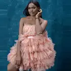 Милое Персиковое розовое короткое Пышное Тюлевое женское платье для вечеринки на день рождения пикантные тюлевые вечерние ние платья с лямкой на шее и оборками летние платья