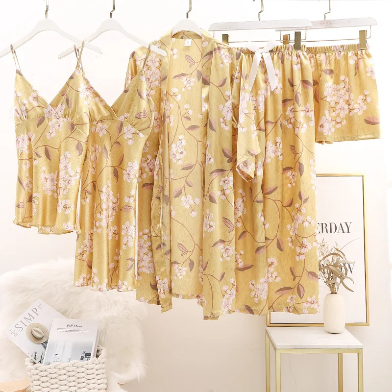 

Loose Half Sleeve Floral Printed Sleepwear Sets Women V-Neck Waistband Pyjamas 5PCS Suit Sexy Strap Nighties Full Pants Chestpad