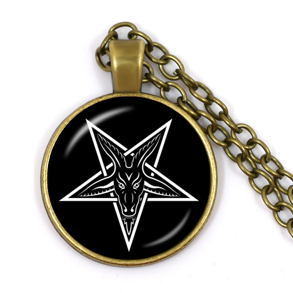 

Satanic Inverted Pentagram Necklace Gothic Goat 25mm Glass Cabochon Pendant Necklace Evil Occult Pentacle Wiccan Jewelry Gift