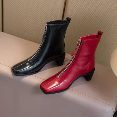 

Horse Skin High-heel Martin Boots Women New Square Toe Front Zipper Thick-heel Short Genuine Leather Career Work Boots Black Red