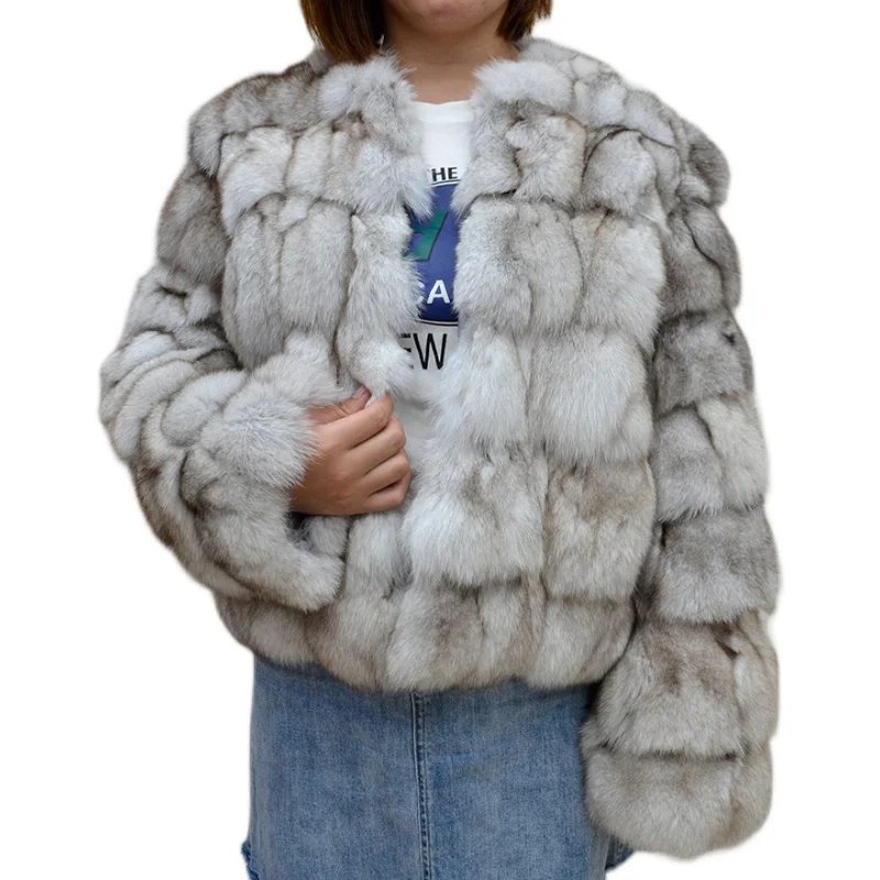 

Women Winter Fur Coat Fox Fur Jacket O-Neck Long Sleeves Hook Warm And Thick