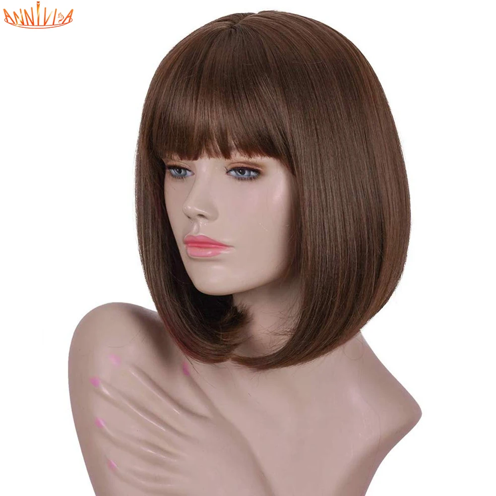 

Short Bob Wig With Bangs Straight Synthetic Hair Glueless Cosplay Wig For Black/White Women Heat Resistant Hair Annivia