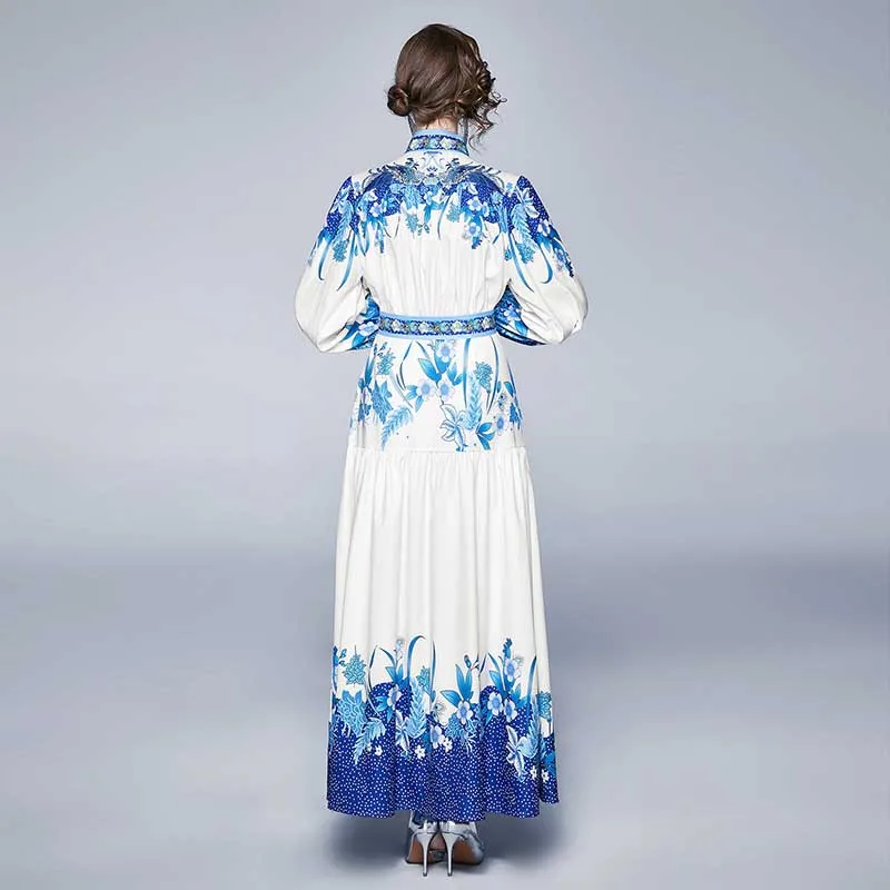 

Runway Maxi Dress Plus size Women's Long Sleeve Bow Collar Vintage Floral Print Chiffon Party Holiday Long Dress