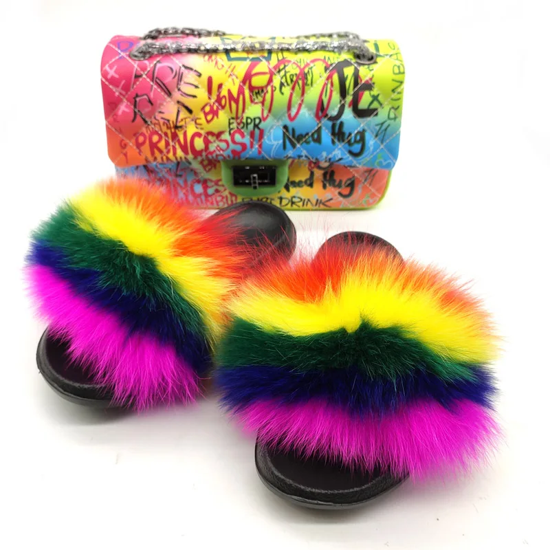 

Women Summer Fox Fur Slippers Colorful Graffiti Bag Cute Fluffy Slippers Fashion Furry slides Plush Slipper Sets Fox Fur Slides