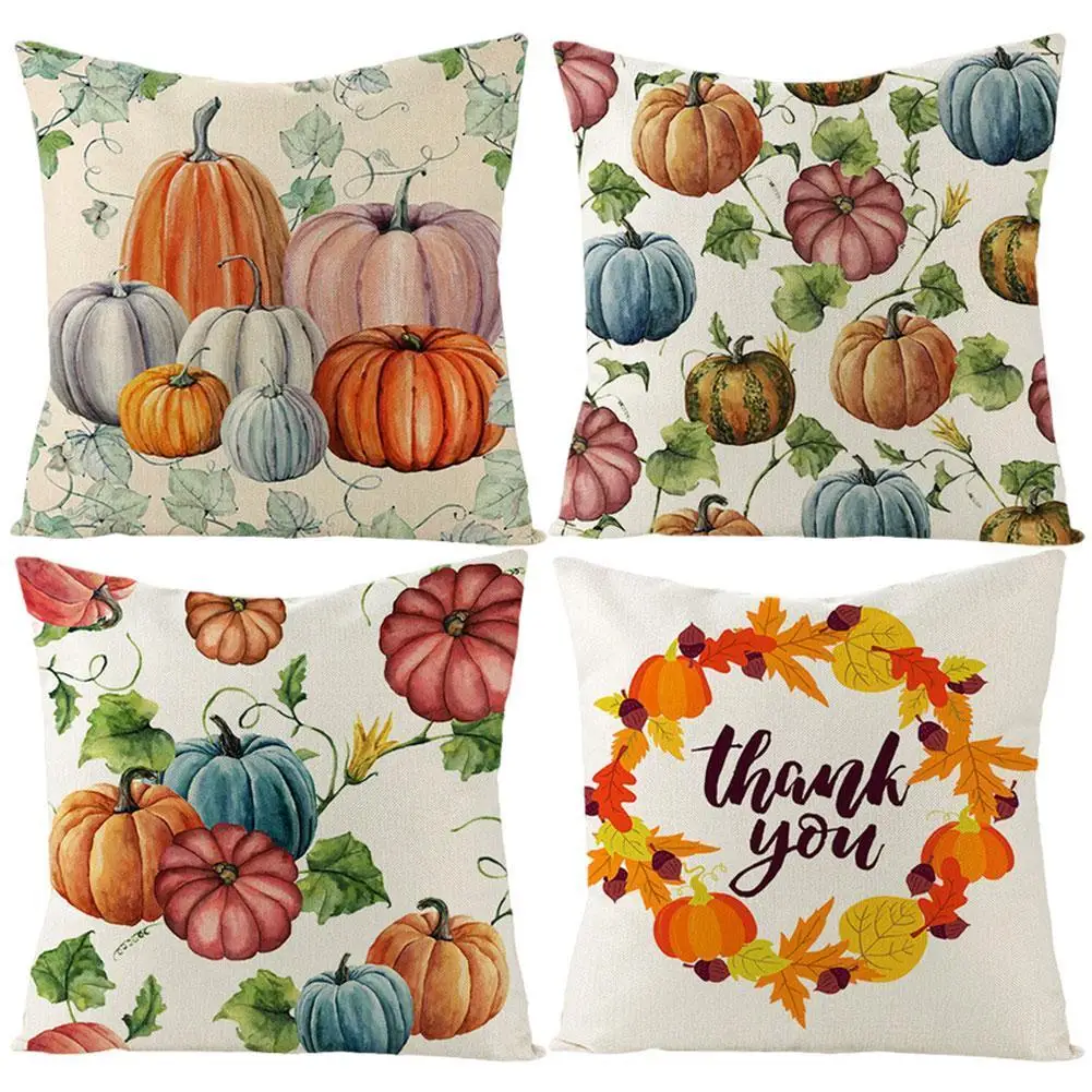 

Happy Thanksgiving Cushion Cover 45X45 Autumn Pumpkin Decorative Throw Pillows Cotton Linen Sofa Cushions Maple Leaf Pillowcase