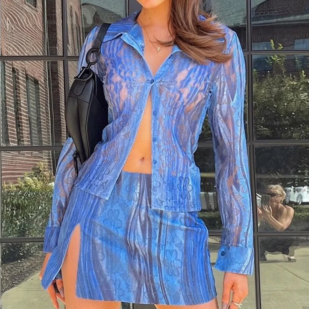 

Женская прозрачная сетчатая рубашка с длинным рукавом, однобортная, на осень