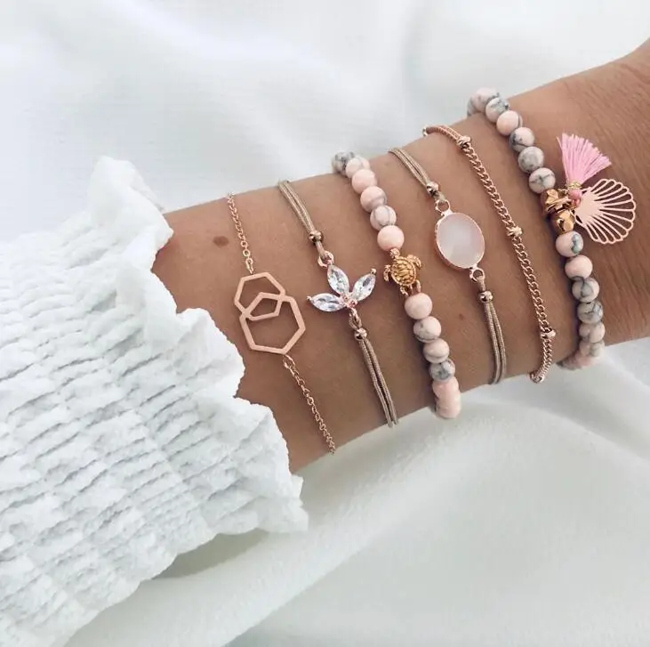 pink tassel DIEZI Прямая, богемные розовые браслеты с кисточками и цепочкой для женщин, черепаший панцирь, Цветочные браслеты с хрустальными Бусами, ювелирные изделия - Окраска металла: pink tassel
