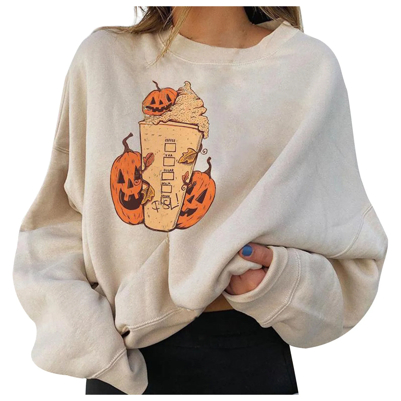 

Halloween Autumn Women Sweatshirt Hoodies Casual Winter Long Sleeve Pullover Tops Elegant O-neck Ribbed Loose Sweatshirts#YL10