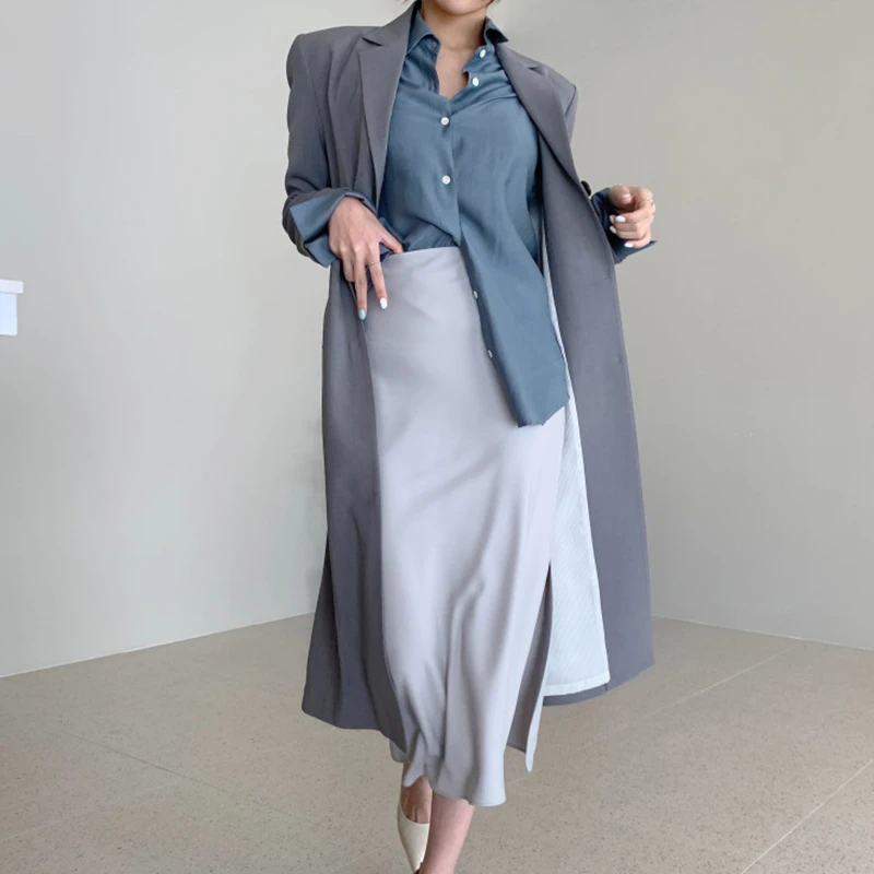 

2021 Spring Autumn Fashion Women Long Suit Coat Button Up Collar Slim Outerwear Long Sleeve Solid Windbreaker Coat Ladies Y680