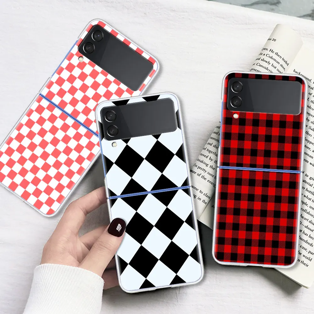 

Clear Phoone Case for Samsung Z Flip3 5G Hard Cover For Galaxy Z Flip3 PC Phone Capa for Z Flip 3 Black White Plaid