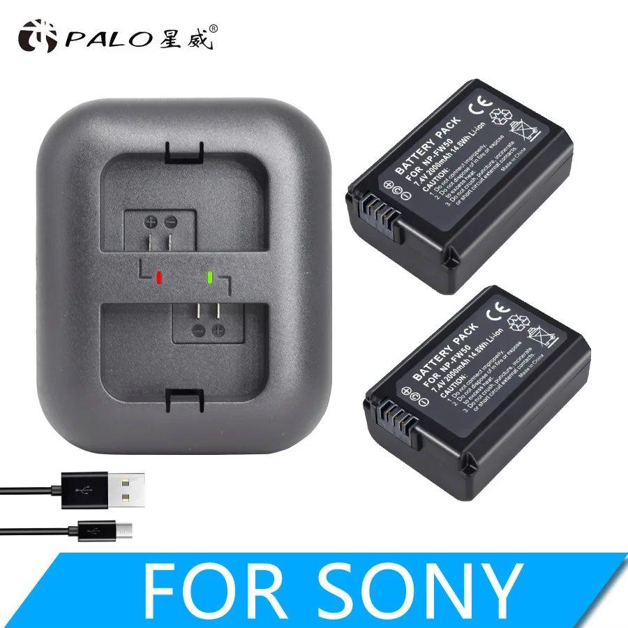 2 battery 1 charger PALO 4 шт. 2000 мАч NP-FW50 батарея для цифровой камеры+ USB двойное зарядное устройство FW50 AKKU для sony a6500/6300 A7SM2 RX10 II NEX-3/3N/5C/5 T - Цвет: 2 battery 1 charger