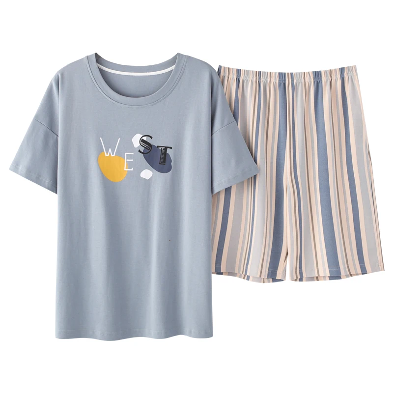 

Cute Cartoon Blue Stripe Shorts Sleepwear Men Leisure Plus Size Homewear Summer 100% Cotton Couples Short Sleeve Pajamas Sets