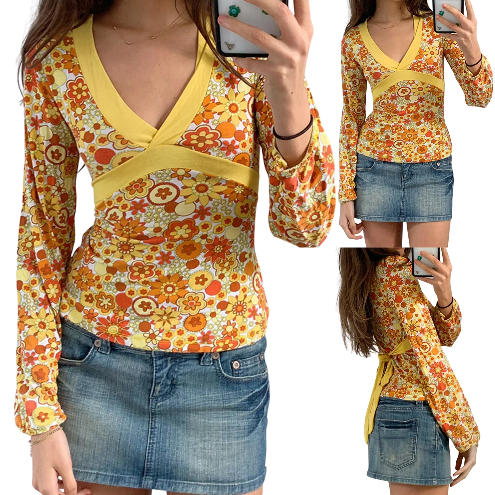 

Women Close-fitting Long Sleeve Tops, Yellow Floral Printed Pattern Deep V-neck Pullover, S/ M/ L