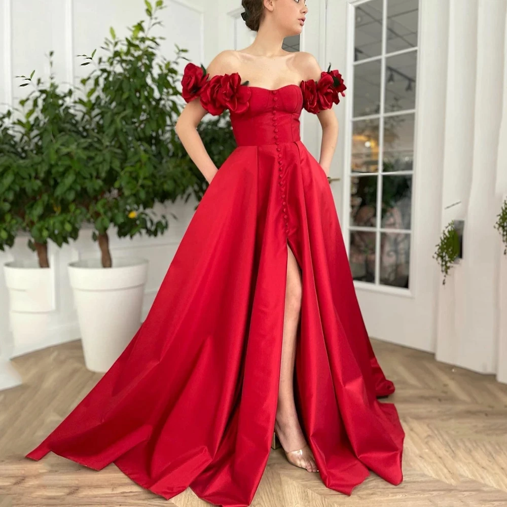 

Dark Red Prom Dresses With Pockets High Slit Off The Shoulder Flowers A Line Satin Chic Formal Evening Party Gown New DQG1383