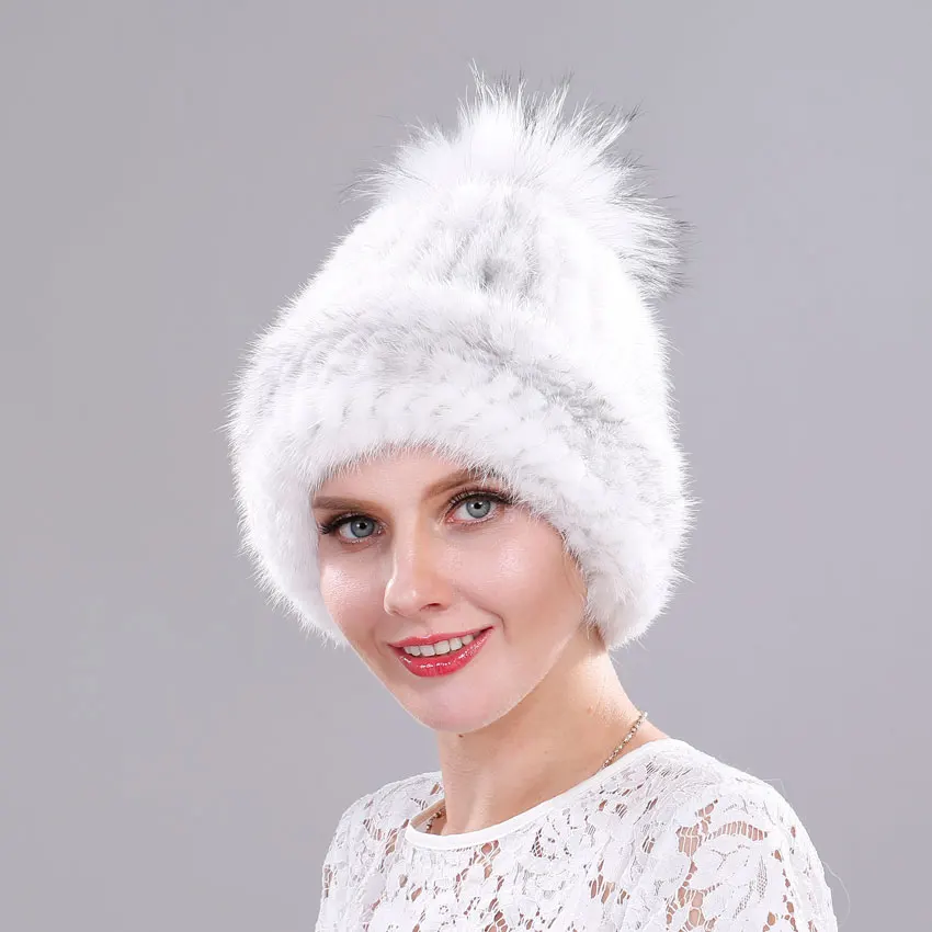 

Real Mink Fur Hat for Women Winter Knitted Hat with Fox Fur Pompom Luxury Thicken Mink Fall Cap Female Beanies Bonnets Wholesale