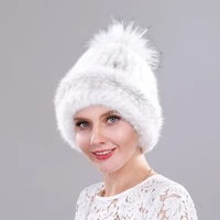 real mink fur hat for women winter knitted hat with fox fur pompom luxury thicken mink fall cap female beanies bonnets wholesale
