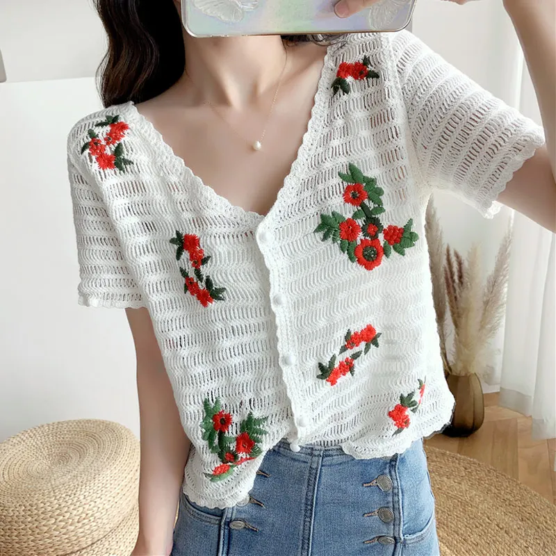 

2021 Elegant Korean Short Sleeve V-Neck Vintage Floral Embroidery Summer Shirt Blouses Buttons Hollow Out Women Crop Tops