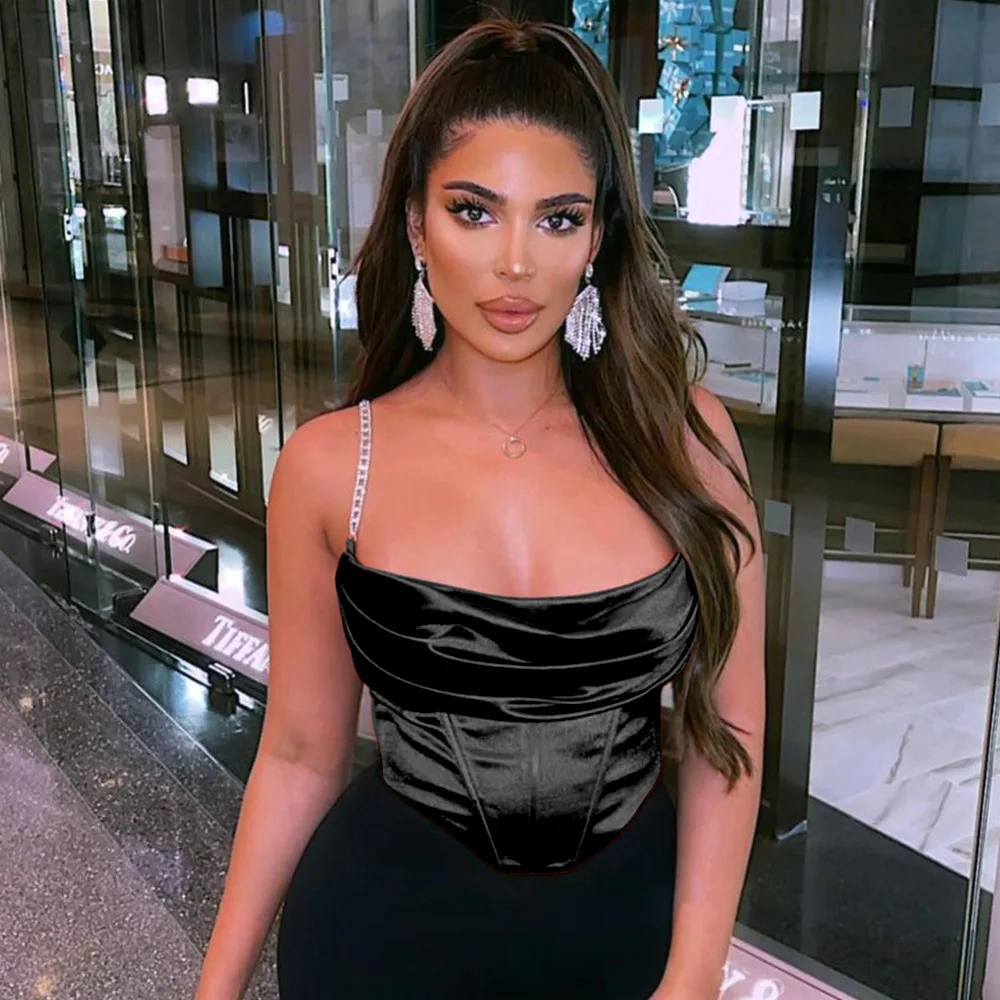 

Pink Diamond Sexy Corset Tops Women Ruched Vest Zipper Top Female Sleeveless Camis Top