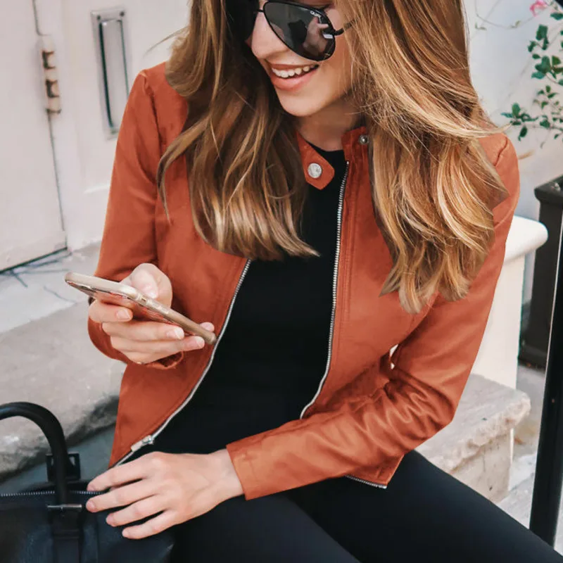 

Женское демисезонное короткое пальто Kywommnz, модное облегающее пальто из искусственной кожи на молнии с длинным рукавом, E3611, 2021