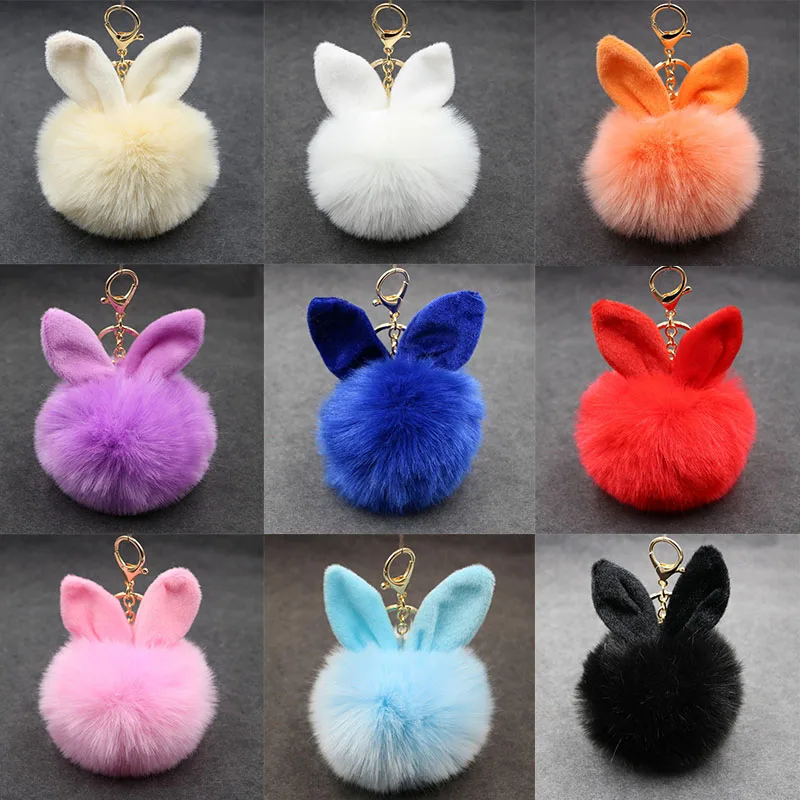 Rabbit Ear Pom Pom Keychain for Women Men Jewelry Accessories Fake Bunny Fur Ball Keyring Bags Walle