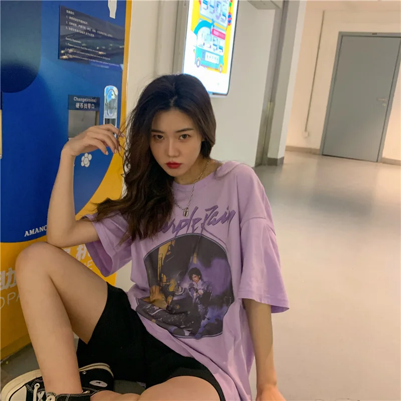 

MINGLIUSILI Harajuku T Shirt Women 2021 Vintage Clothing Fashion Summer Aesthetic Top Female Purple Letter Print Woman Tshirts