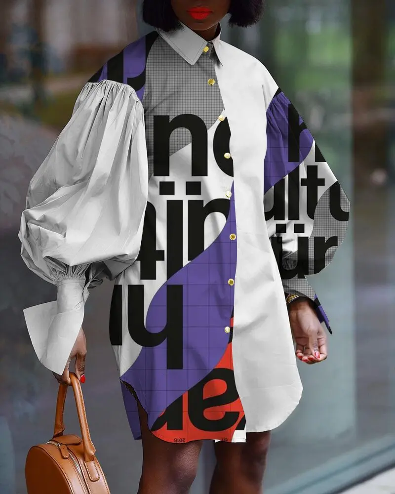 

2021 Mini Shirt Dress Casual Fashion Letter Print Long Lantern Sleeve Stitching Loose Dresses Women Plus Size 4XL 5XL Y2K Shirts