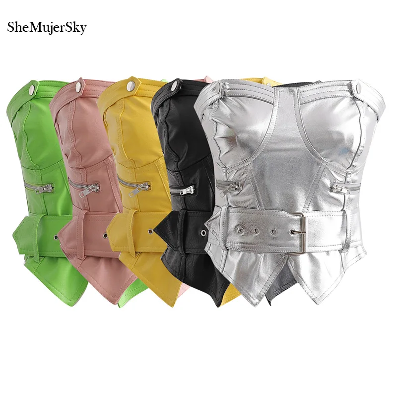 Женский укороченный топ SheMujerSky однотонный облегающий из искусственной кожи на