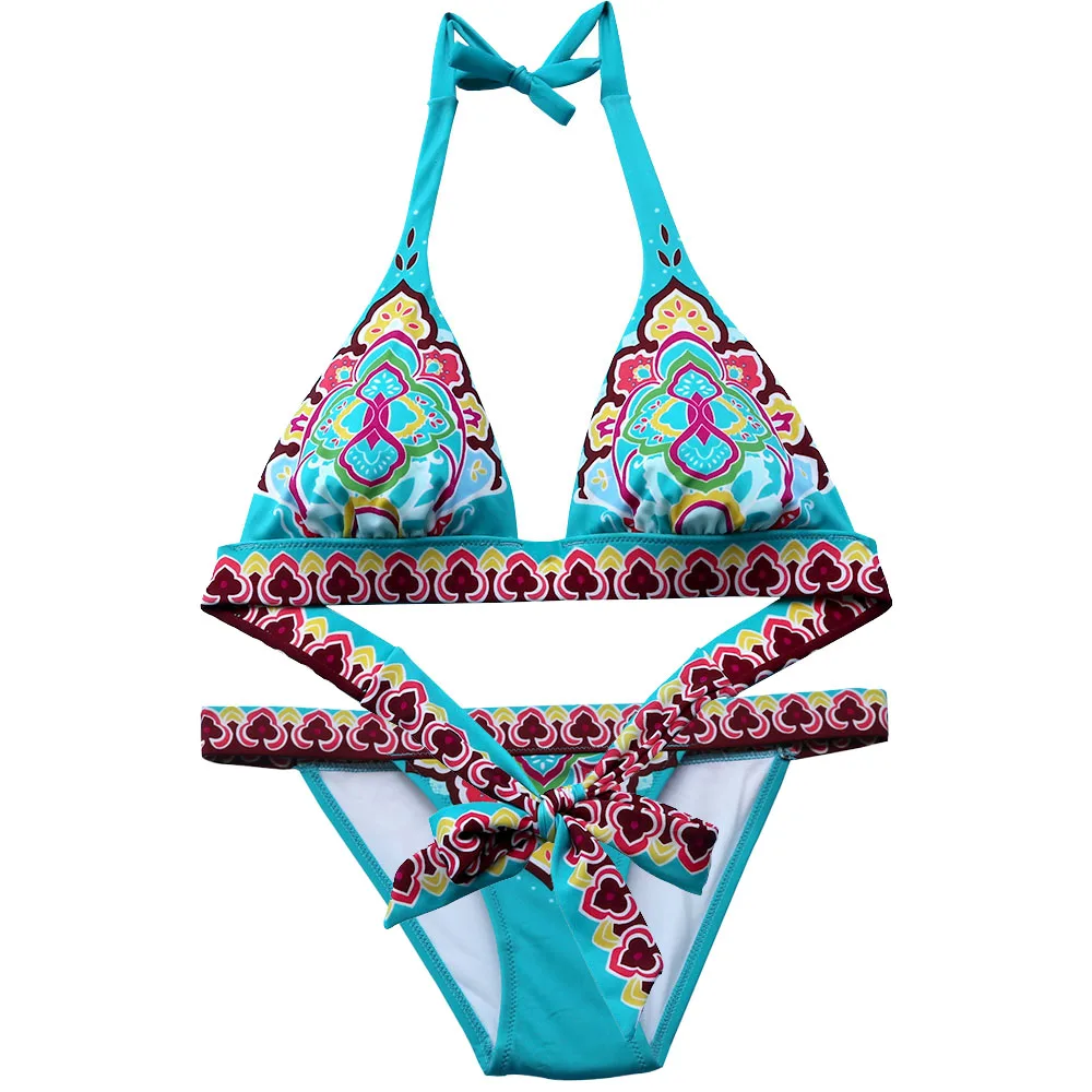 Женское треугольное бикини синий купальник с цветочным принтом Бандажное