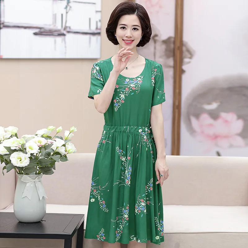 

New middle aged women's simple slim cotton dress short sleeve summer skirt children's temperament mother's dress