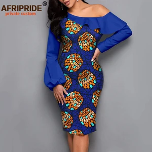 African Print Dresses For Women Lantern Sleeve Diagonal Collar High Waist Elegant Fashion Bodycon Dr