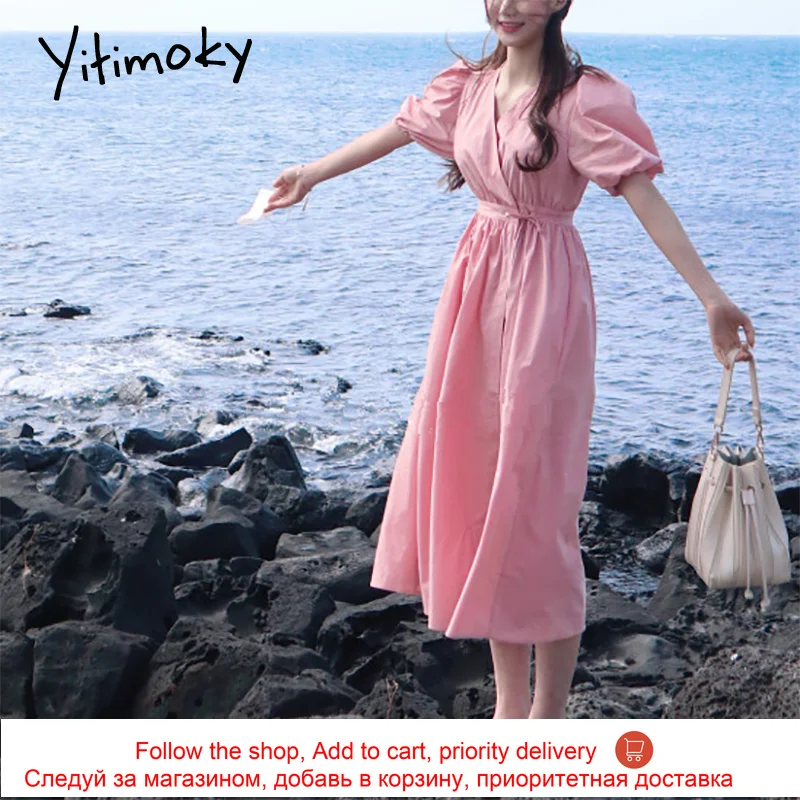 

Yitimoky Vintage Woman Dress V-Neck 2021 Summer Fashion Korean New High Waist Puff Sleeve Elegant Simple Solid Dresses Lace Up