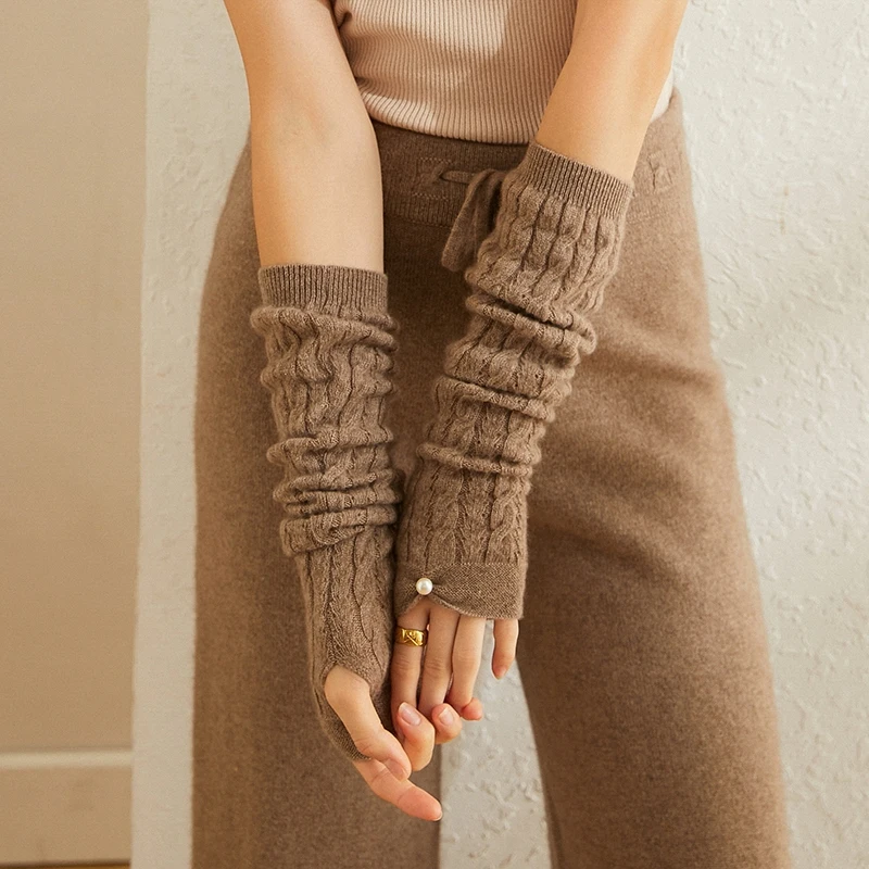 Женские перчатки 100% кашемировые вязаные длинные грелки для рук Зимние новые модные плотные теплые перчатки для дам от AliExpress RU&CIS NEW