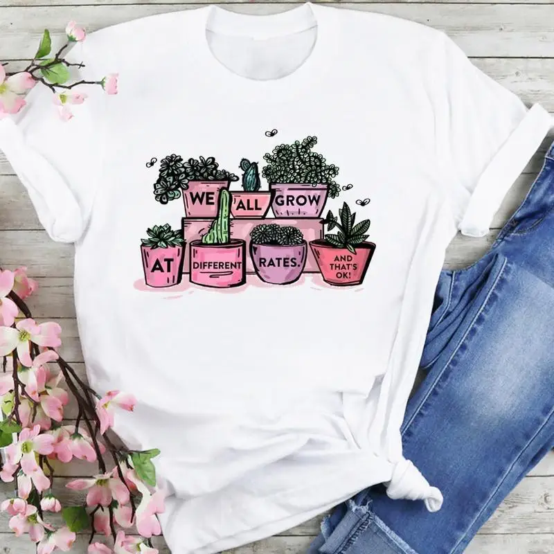 

Футболка женская с коротким рукавом, модная Милая рубашка с принтом растений, топ с мультяшным графическим принтом, на лето