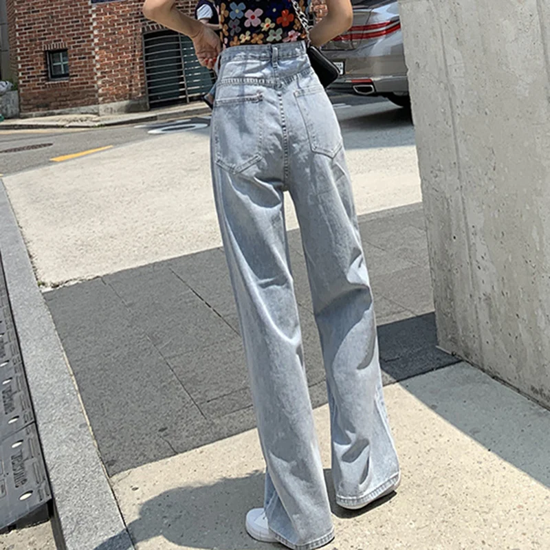 Женские джинсы с высокой талией прямые свободные сверхдлинные со складками и