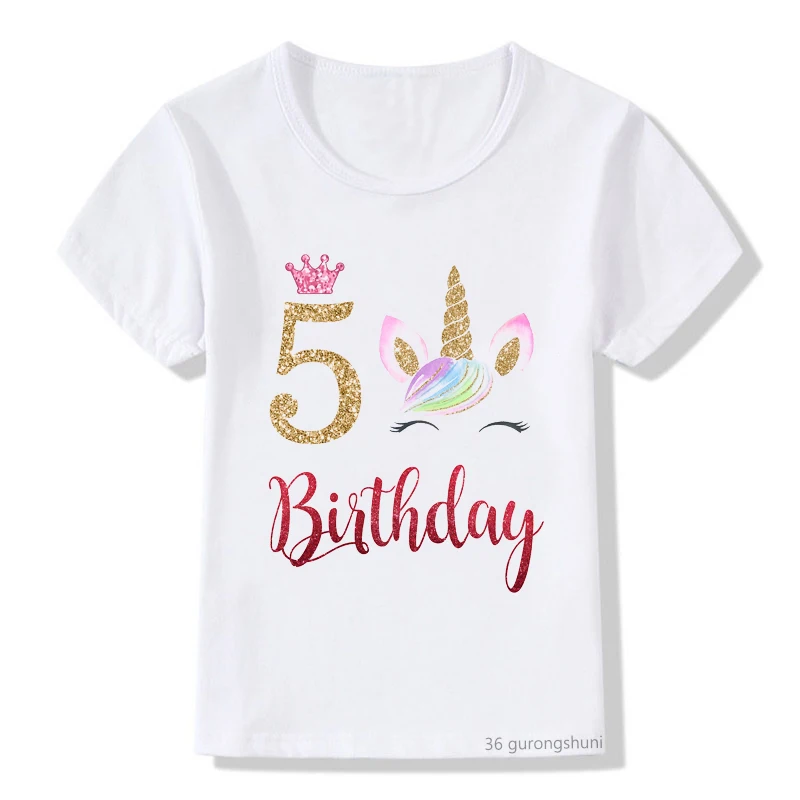 Camiseta con estampado de corona de unicornio para ni&ntilde;os, 5, 6, 7, 8, regalo de cumplea&ntilde;os para ni&ntilde;as, camisetas de verano, camisetas gr&aacute;ficas-0