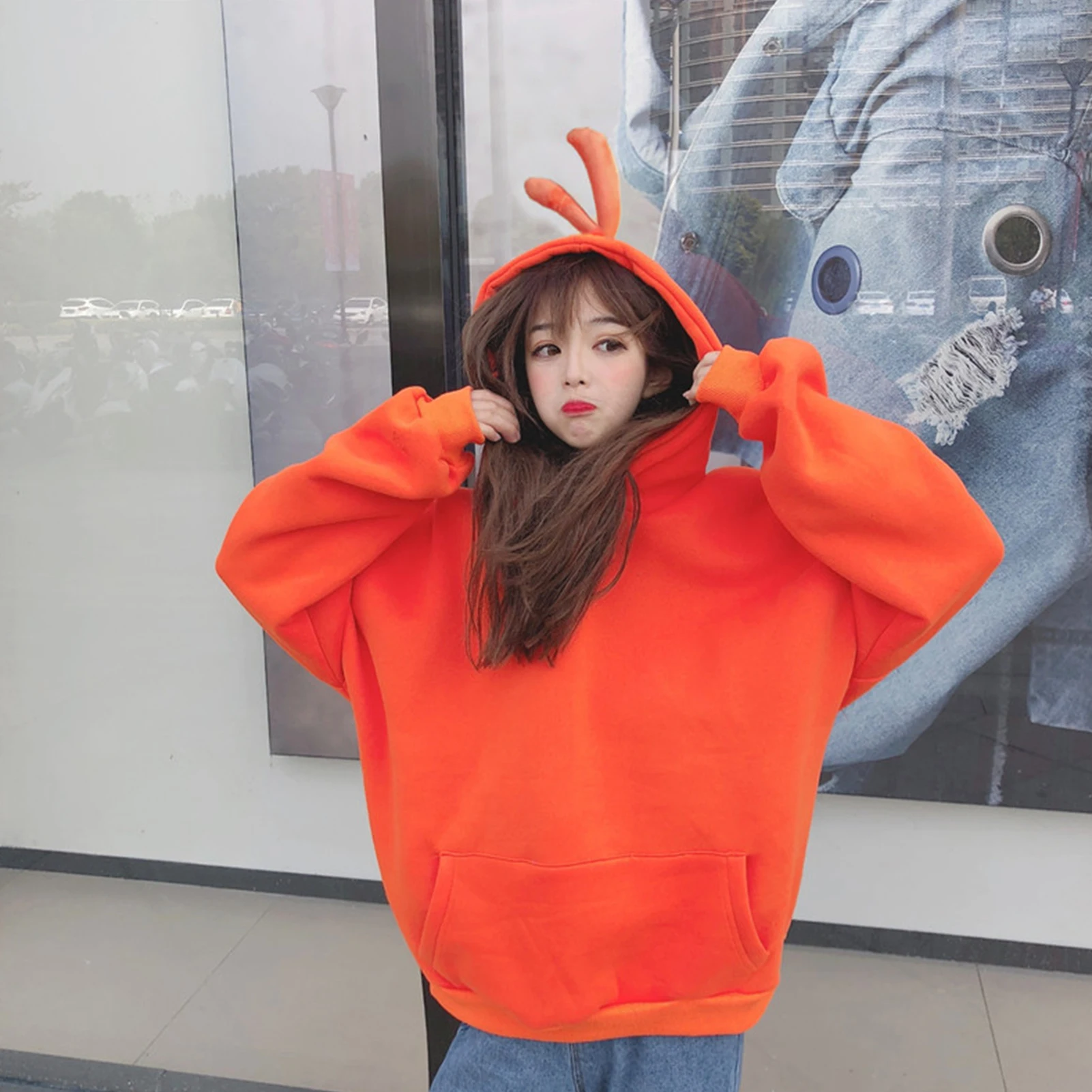 Women Casual Cartoon Hooded Long Sleeve Pullover Sweatshirt Winter Blue Purple Pocket Oversized Plush Warm Hoodies Sweatshirts