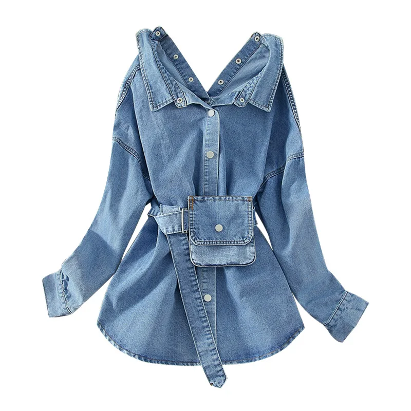 

Loose denim shirt coat medium long retro style long sleeve design sense of minority women's top